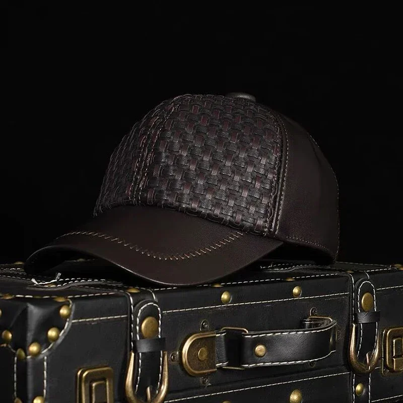 

New Male Genuine Leather Braid Sheepskin 56-60CM Black/Brown Baseball Caps Print For Man Casual Street Gf Gorras Dad Hat