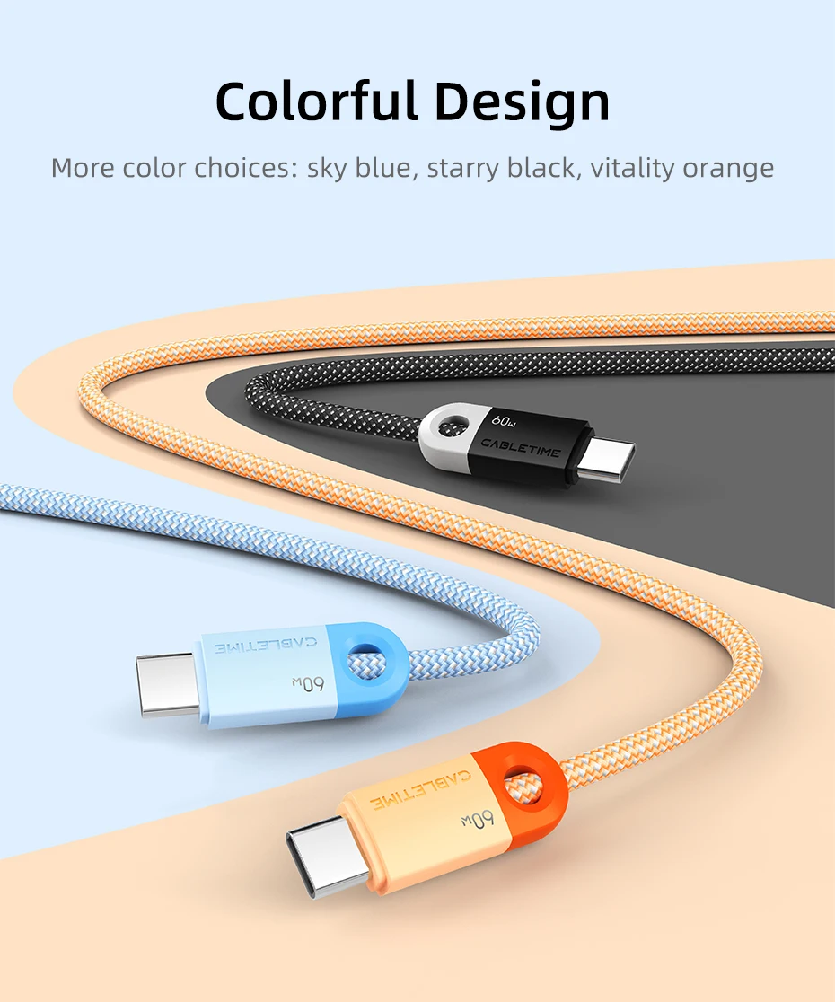 CABLETIME PD60W Kabel USB-C auf USB-C Hochgeschwindigkeits-Datensynchronisierungs- und Ladekabel Langlebiges Schnellladekabel für iPhone iPad Samsung – Detail 8