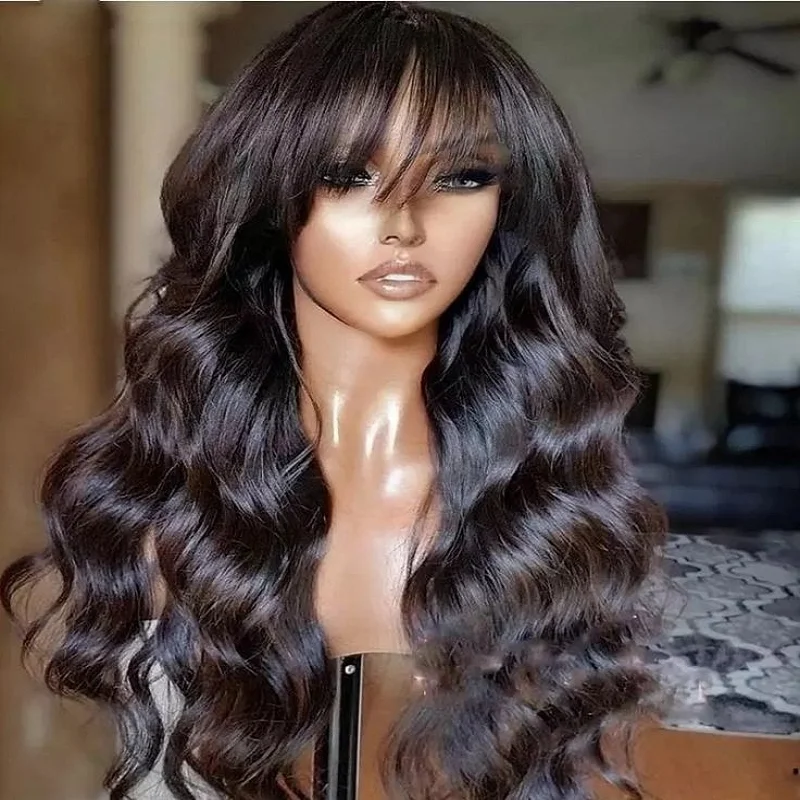 

26" Natural Soft Long Black Body Wave Machine Wig With Bangs For Black Women High Temperature Soul Lady Wigs Glueless Daily Wig