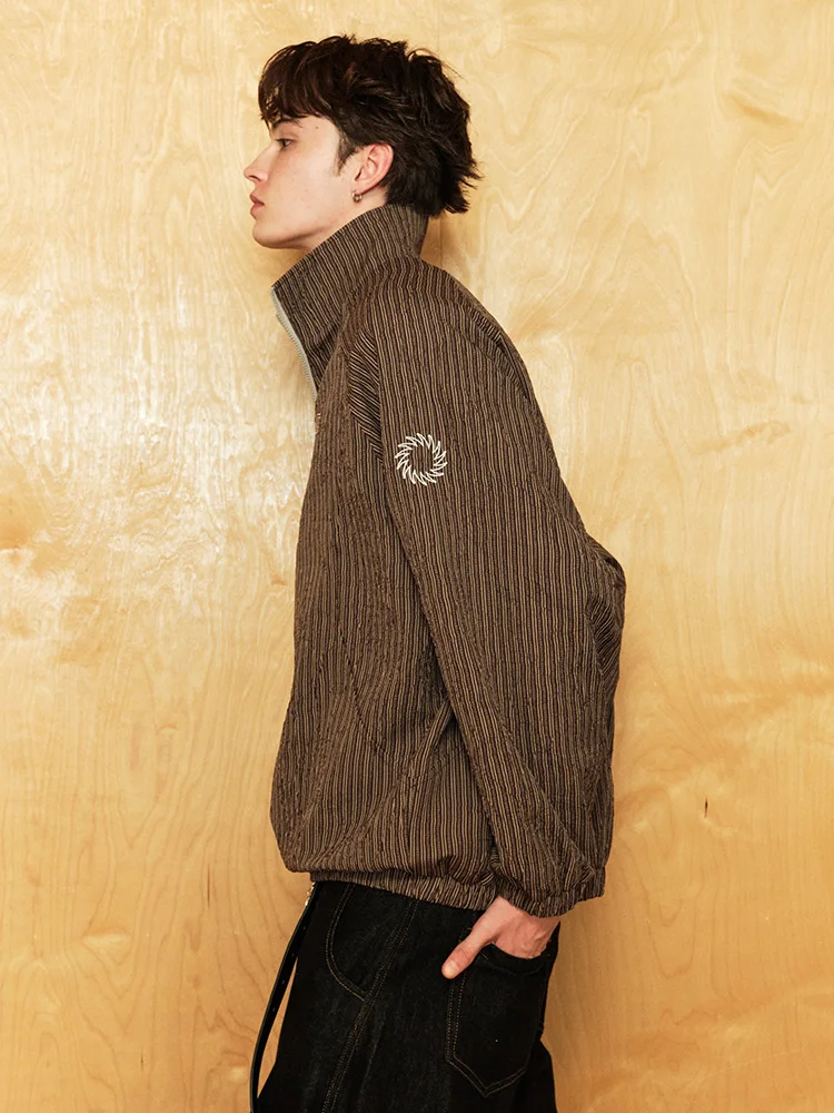Matcha Story Casual Stripe Pattern Stand Collar Jacket Unisex Autumn Leisure Retro Style Polyester Fiber Soft  Jacket