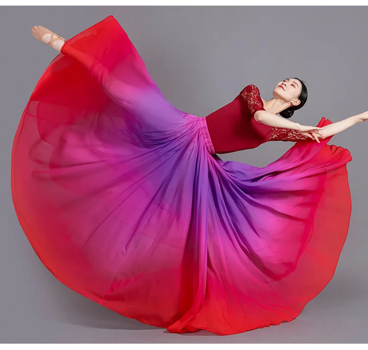 Women's 360-720 Degrees Big-hem Dance Skirts Gradient Color Chiffon Maxi Skirts Elastic-waist Elegant Square Dance A-line Skirts