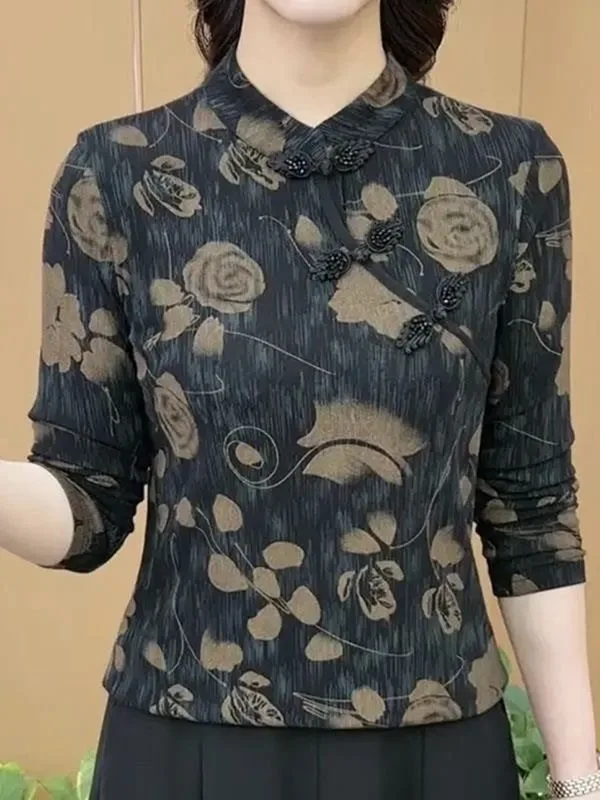 

Ele Long Sve Stand Collar Button up Warm Top Slimming Faionable Base irt for Middle-Aged Women Autumn Winter New S...