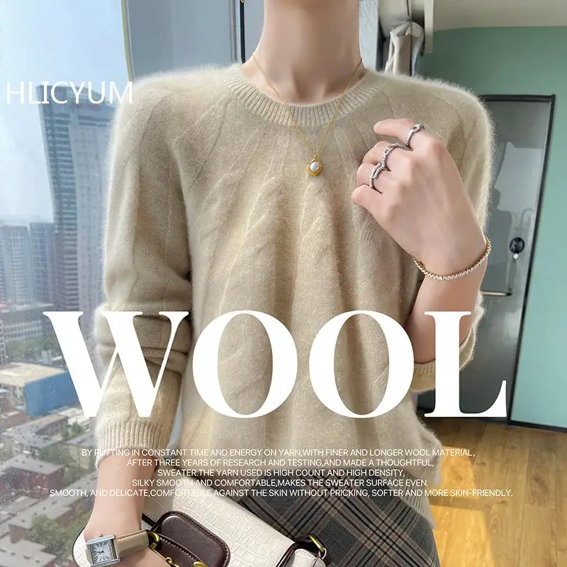 boutique high-end knitted women's 100% Wool sweater round neck Loose pullover long sleeved new Thickened Geometric Jumper Tops