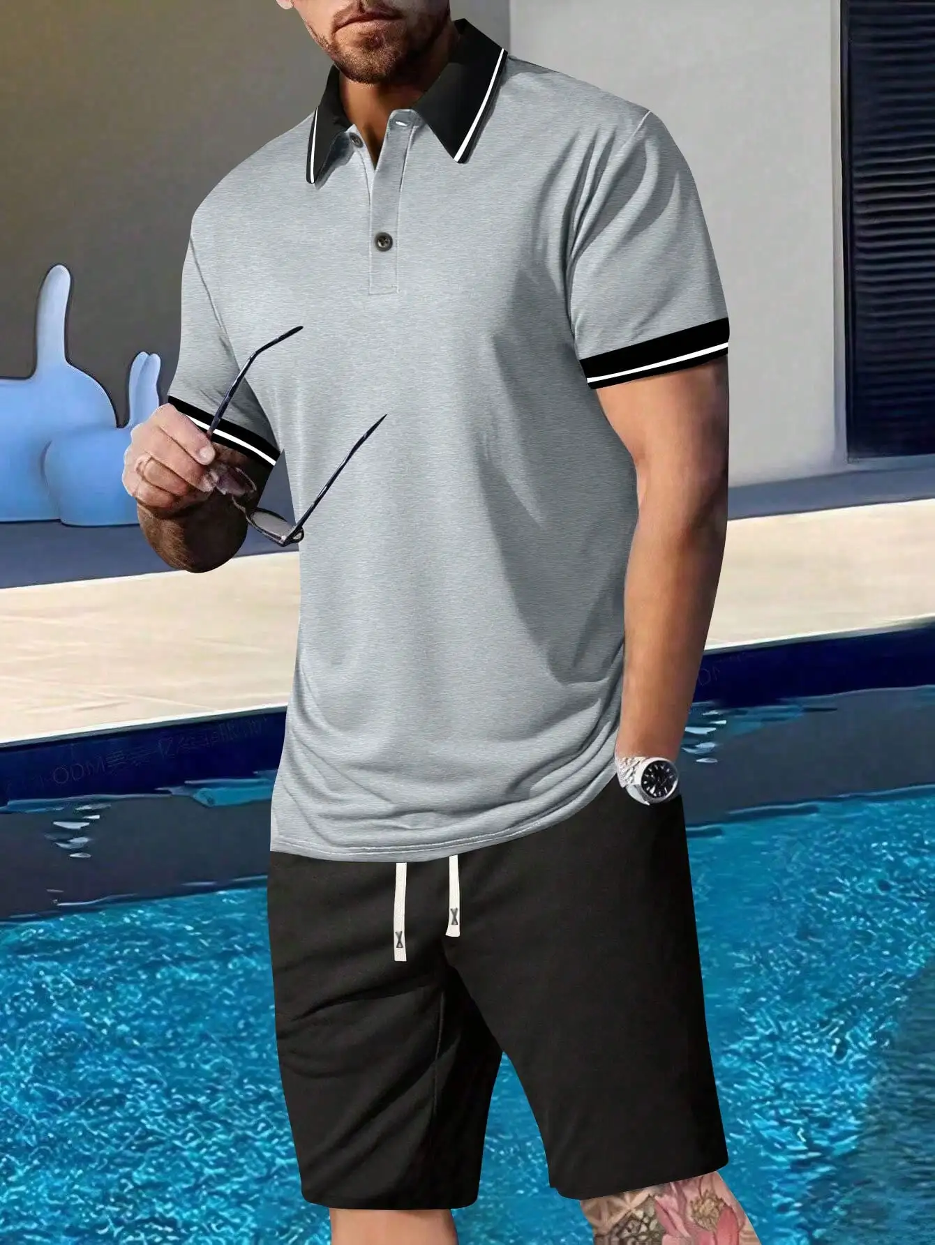 

Men's 2-Piece Gray Polo Shirt & Black Shorts Set - Casual Summer Sportswear