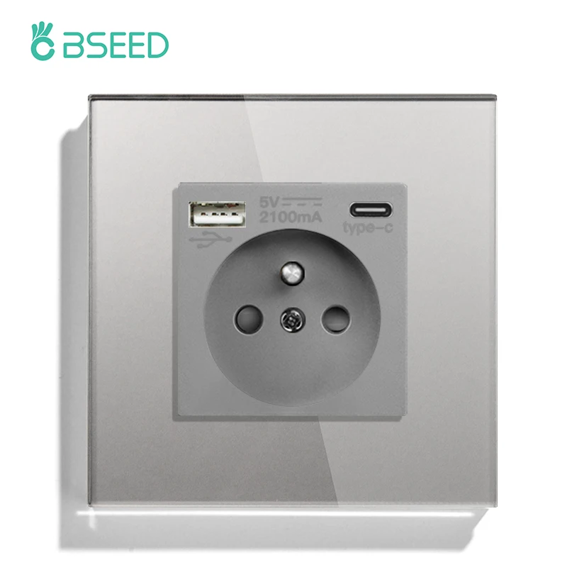 Bseed France Standaard Stopcontact Usb Type-C Oplaadpoort Glaspaneel 20W Snel Opladen Franse Socket 110-250V