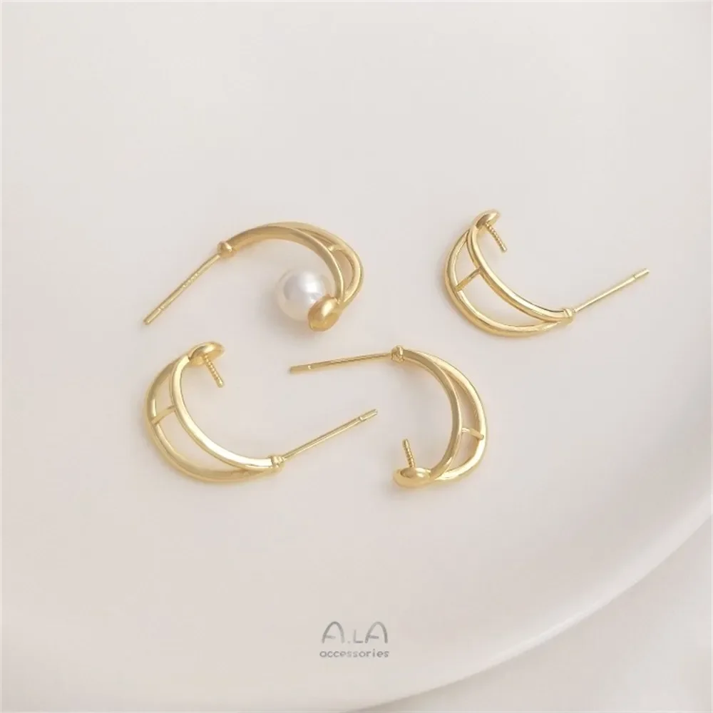 Diy Earrings 14K Gold-plated Crescent-shaped Half-hole Beaded Earrings 925 Silver Needle Handmade Pearl Earrings Accessories