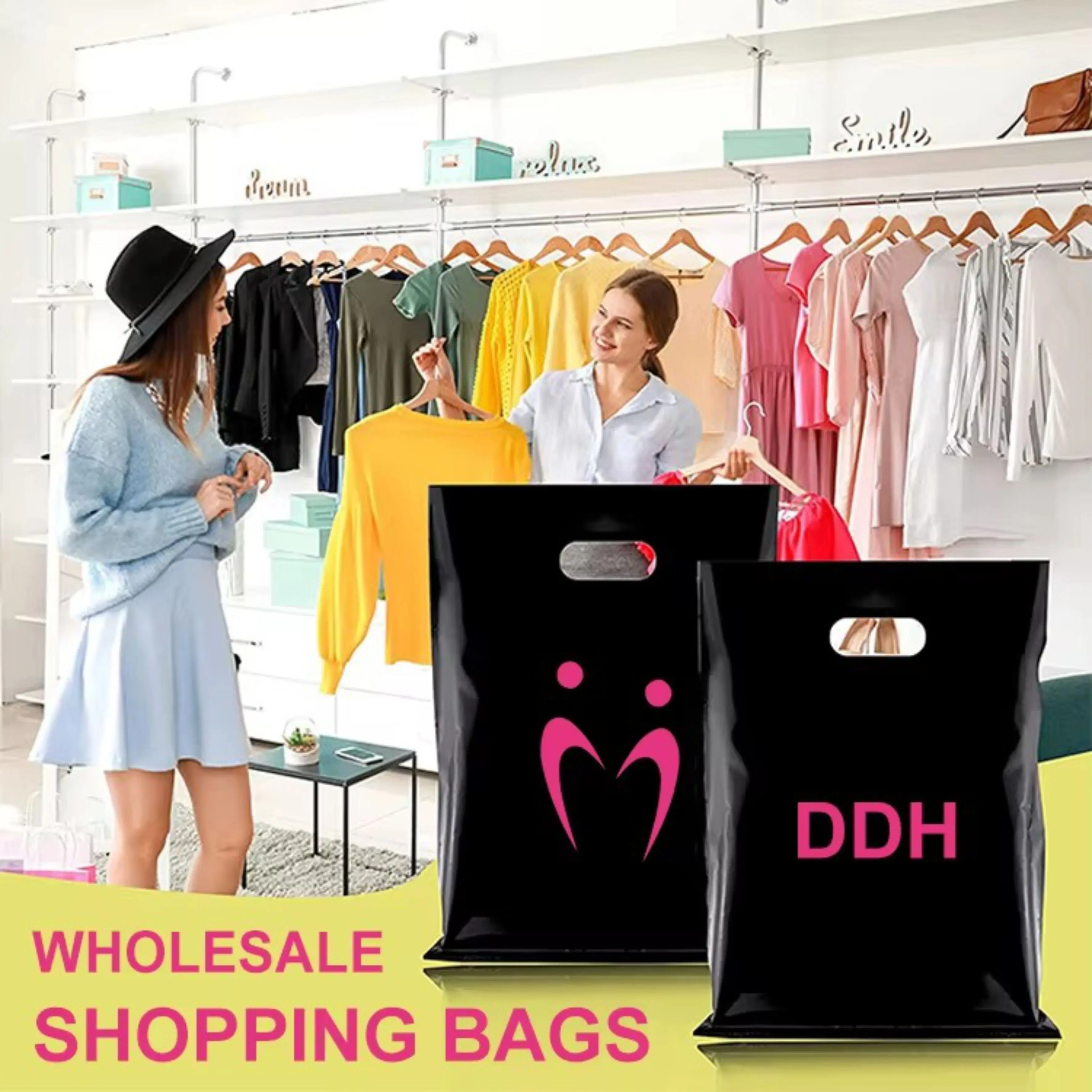 Venta al por mayor, barato, fábrica de fuentes, embalaje impreso promocional, compras, bolso de mano de plástico PE 2022, personalizado con mango de bucle suave