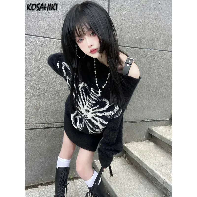 KOSAHIKI Grunge Sweater Fashion Streetwear Y2k Aesthetic Black sweater Skull Print Gothc Women Jumper Harajuku Loose Knitwear