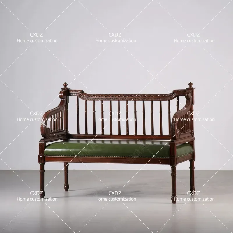Retro Solid Wood Leisure Chair Carved Medieval Style Double Sofa for Balcony Bedroom End of Bed Shoe Changing Stool