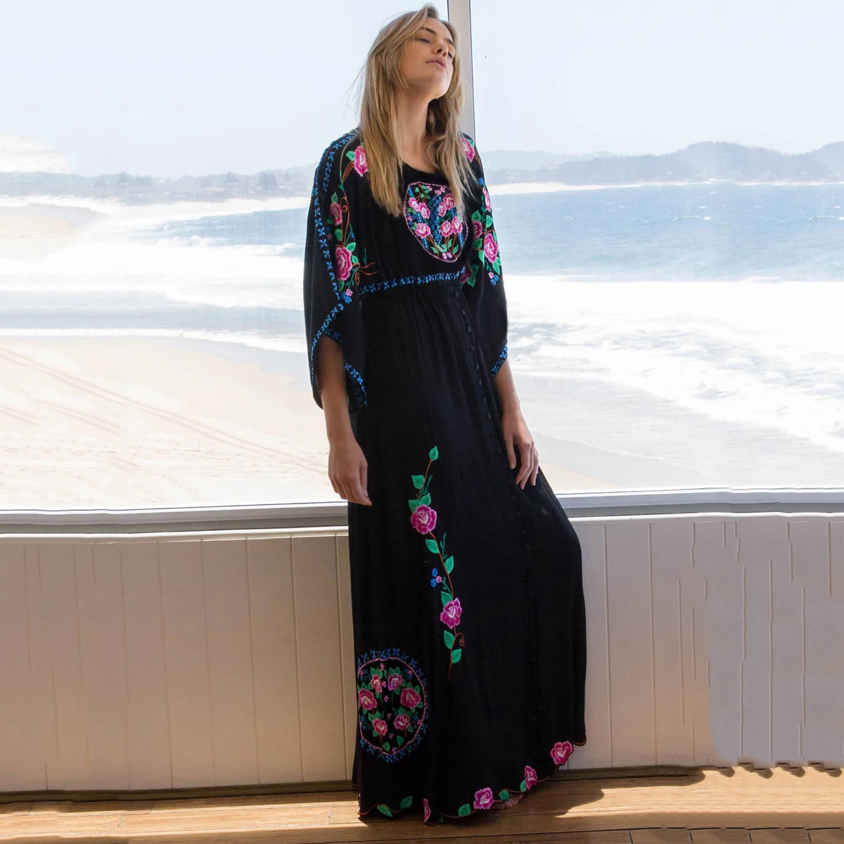 Jastie Boho Embroidered Dress O-Neck Batwing Sleeve Loose Women Dresses Casual Beach Maxi Dress 2025 Summer Dresses Vestido