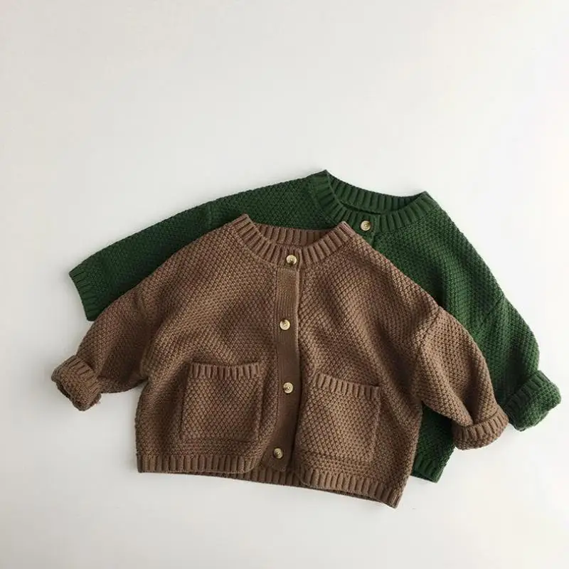 Autumn New Children Long Sleeve Sweater Coat Baby Boys Girls Solid Casual Knitwear Kids Versatile Knitted Cardigan Pocket Jacket