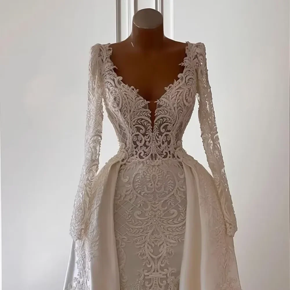 Luxurious Mermaid Decal Women's Wedding Dress Sexy Deep V-neck Transparent Strap Detachable Ball Party Bridal Dress Customized