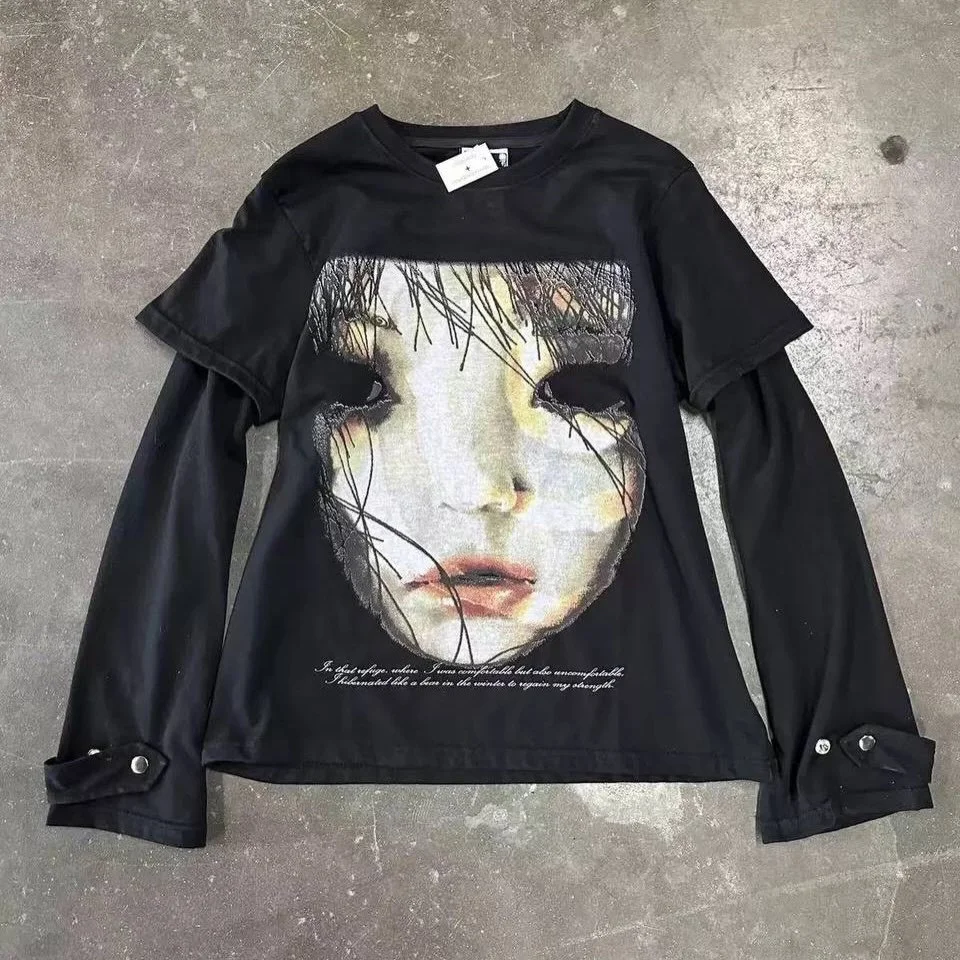 Gothic Printed Two Piece Set Long Sleeve Punk Fashion Top Y2K Ins Multi-Talented Color Fake Outfit 2026 Personality