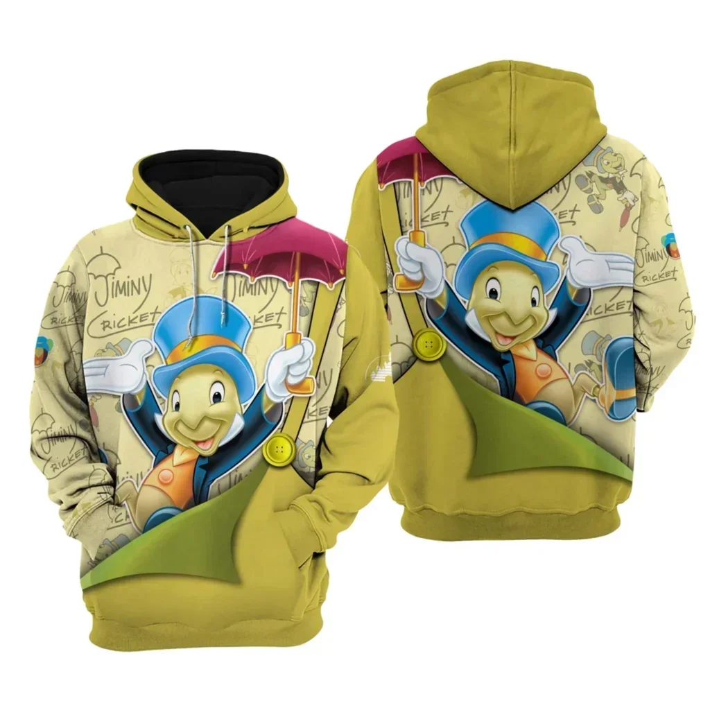 Disney jiminy cricket verde masculino feminino moletom com capuz 3d botão macacão padrões estilista unisex gráfico dos desenhos animados roupa