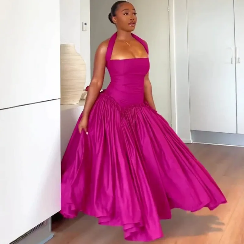 Elegant African Women Halter Two Piece Outfit Solid Sleeveless Top High Waist Pleated Maxi Skirt Evening Party Matching Set