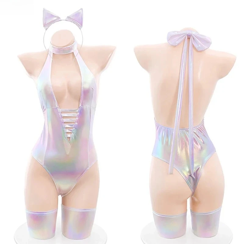 

Женское боди с серебряным лазером, нижнее белье, темпераментная униформа, блестящая пижама для девочек-кошек, костюмы