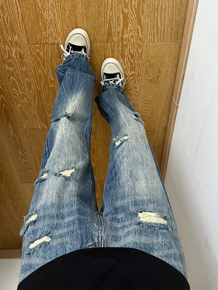 

Blue Bamboo Bud Hole Denim Jeans Men Summer Thin High Street Micro Flared Pants High End Drape Straight Leg Jeans
