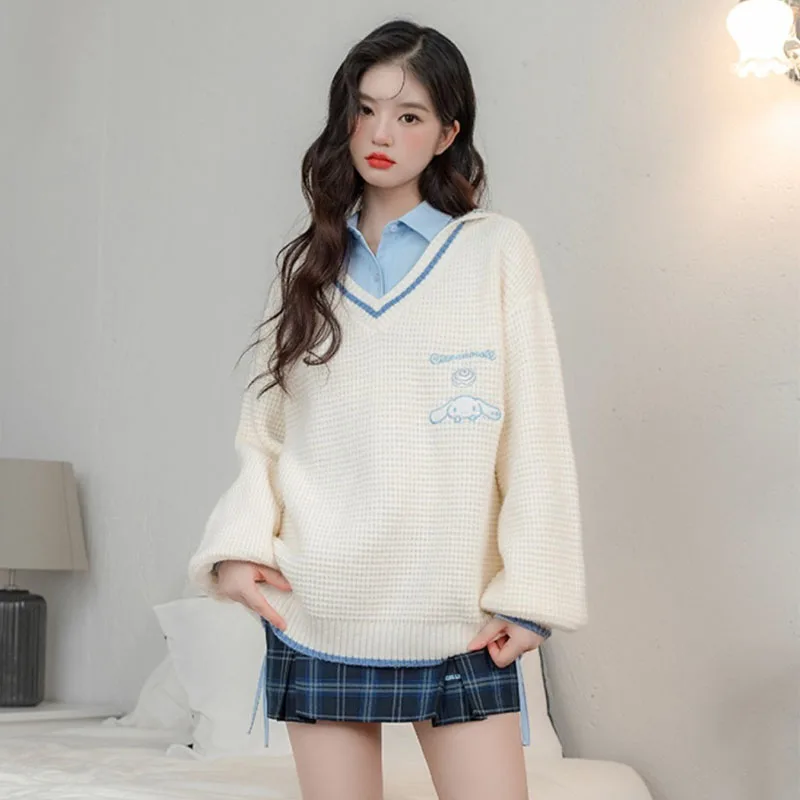 Sanrios Cinnamoroll Sweater Y2K College Style Tops Female Melody Sweet Pullover Knitted Sweatshirts Autumn Trend Women's Clothes