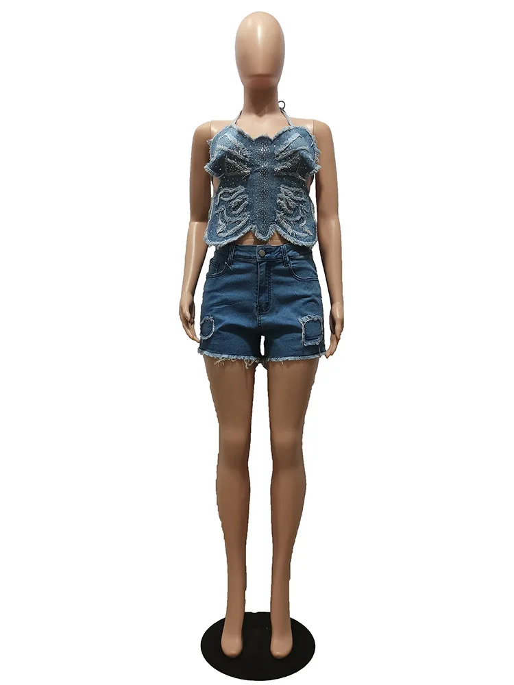 2 peças denim biker shorts ternos conjunto para mulheres, calça combinando, roupas sexy, tops cortados, agasalho, roupas de verão, Y2K, 2023