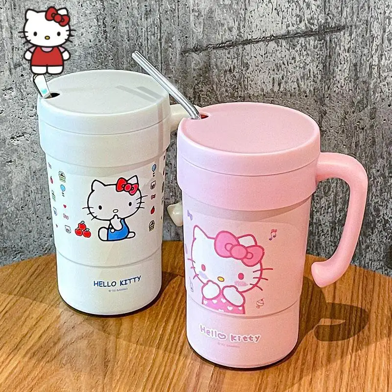 580Ml Kawaii Hello Kitty MINISO Water Cup Student Cartoon Portable Handle with Straw Insulation Cup Office Coffee Mug Girl Gift