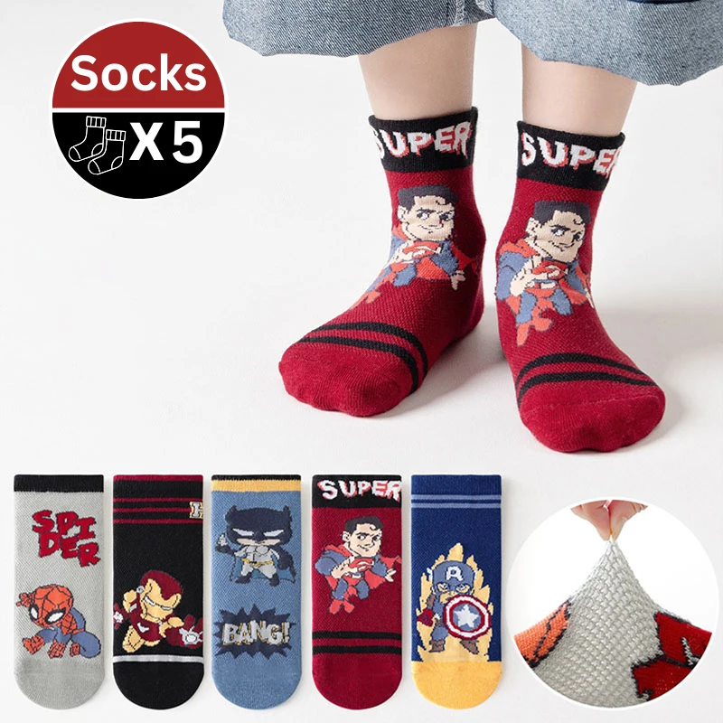 

5 Pairs/Lot Kids Cotton Sock Superhero Spiderman Knitted Mesh Socks For Boys Breathable Cozy Soft Elastic Toddler Children Socks