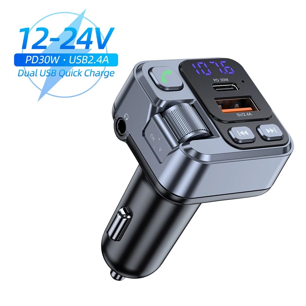 Car Charger 30W Fast Charging Adapter FM Bluetooth Transmitter Handsfree Call with Voltage Monitor MP3 Player for IPhone Samsung