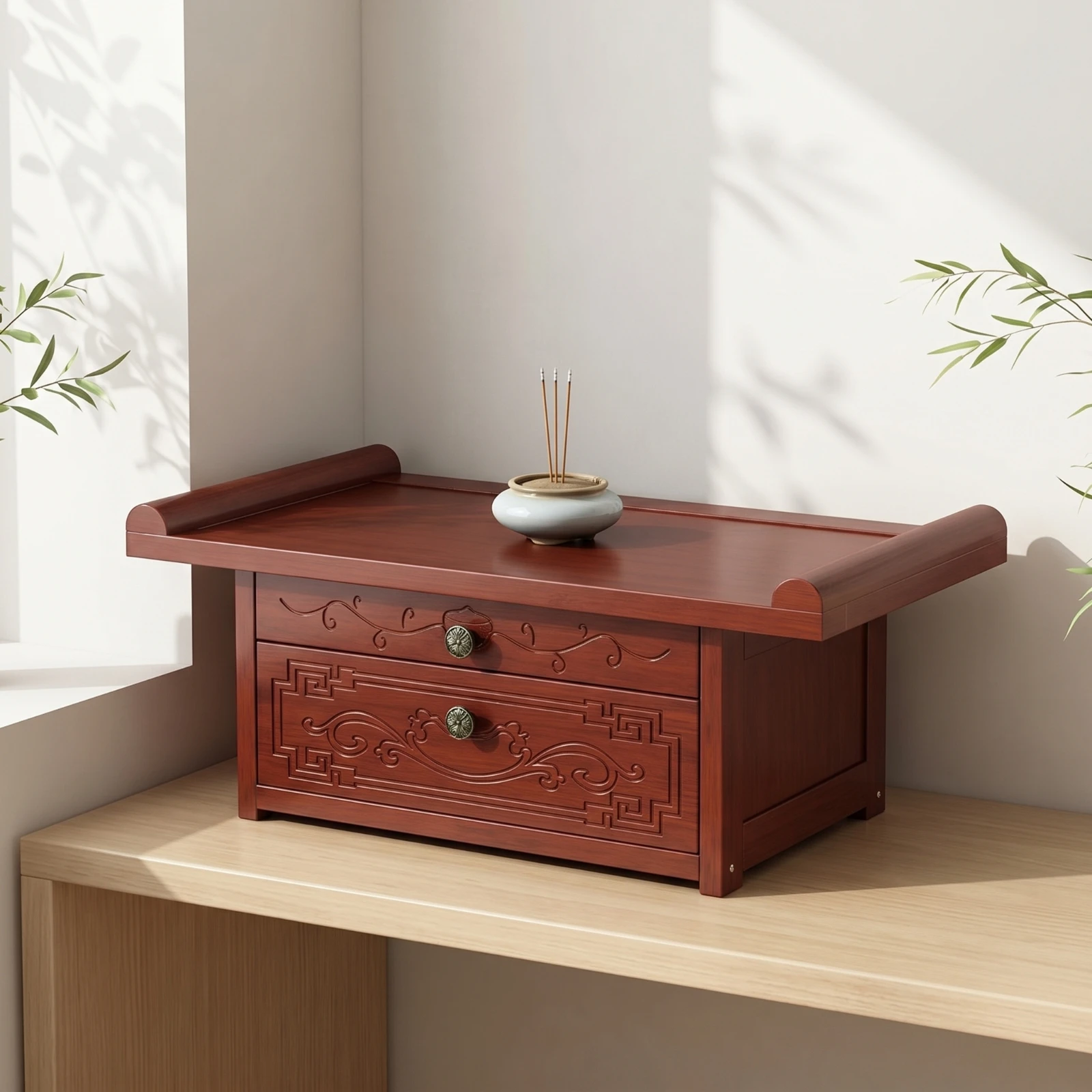 Buddhist Altar Wood-Grain Altar Table with Drawer Tabletop Shrine Chinese-Style Furniture Carved for Buddhists