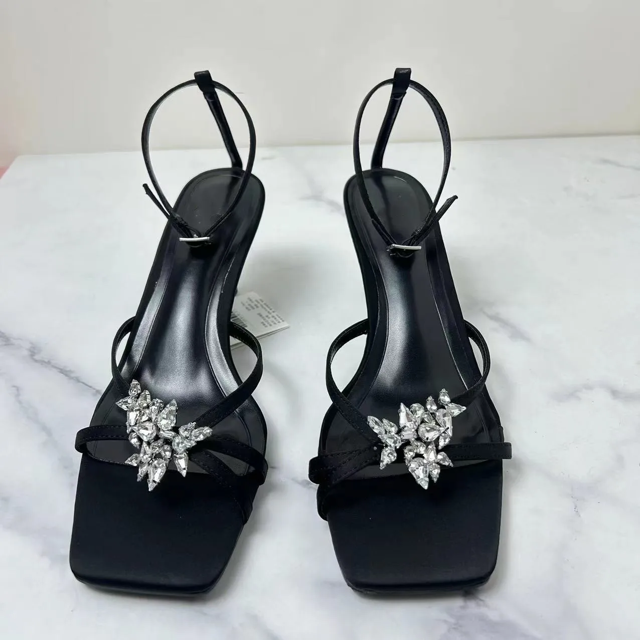 Zafetou Shoes Women Summer New Style Black Square Head Exposed Toes High Heels Fashion Ankle Buckle Rhinestone Women's Sandals