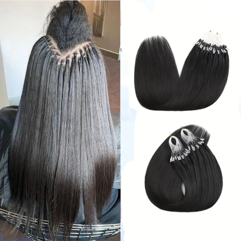 Micro Ring Hair Extensions Natural Black Micro Links Human Hair Extensions Fish Line Microlink Micro Beads Loop Straight Hair