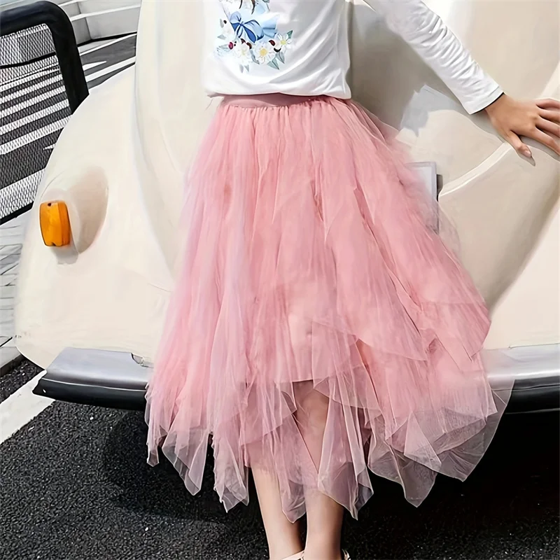 

New Girls Fashion Tutu Tulle Skirt Summer Pink Sweet High Waist Pleated Long Skirt Children Casual Skirt