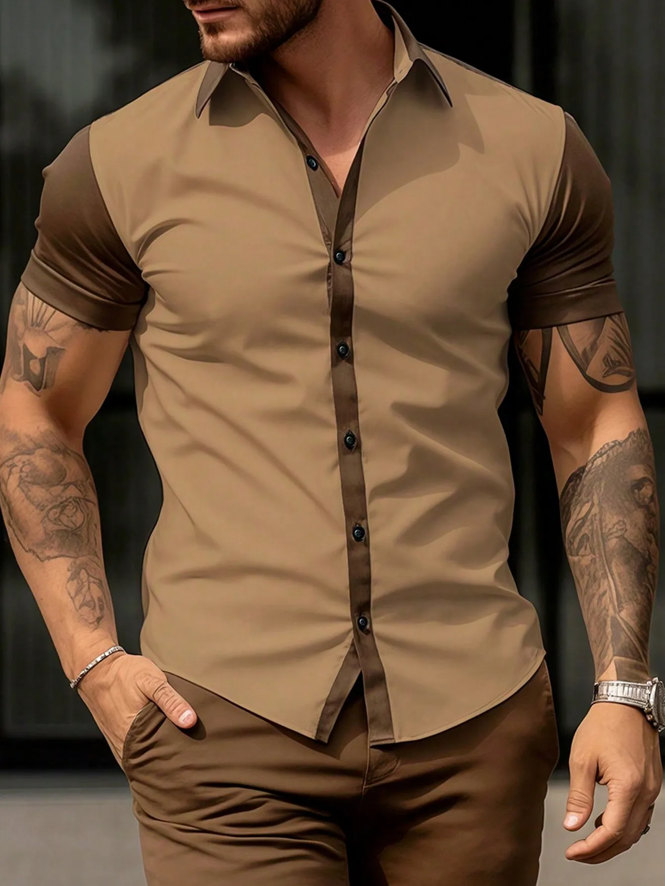 

Men's Casual Short Sleeve Button-Up Shirt with Contrast Color Panel and Stand Collar