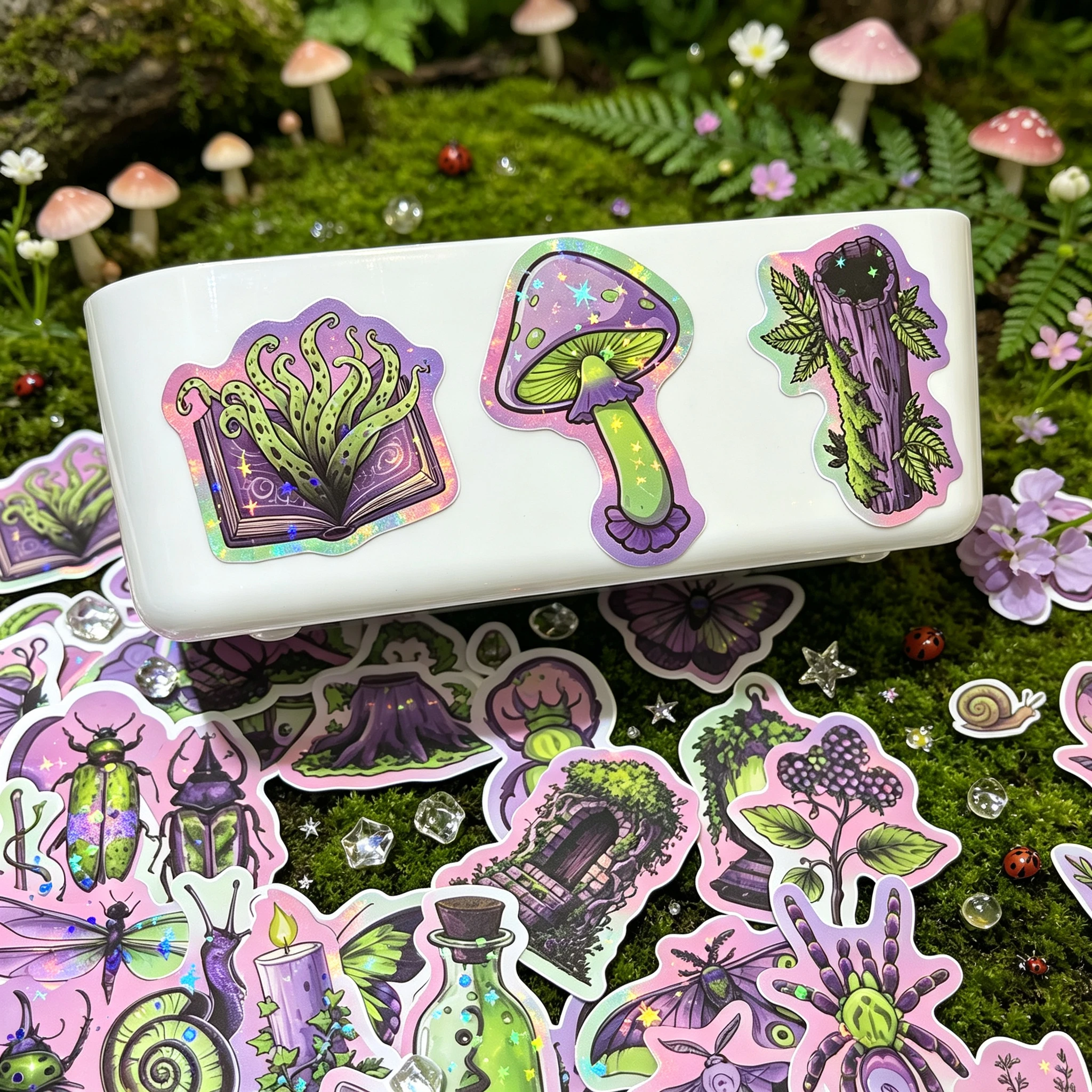 50pcs Green Purple Forest Magic Holographic Stickers Plant Animal Flower Sticker DIY Notebook Luggage Phone Water Bottle