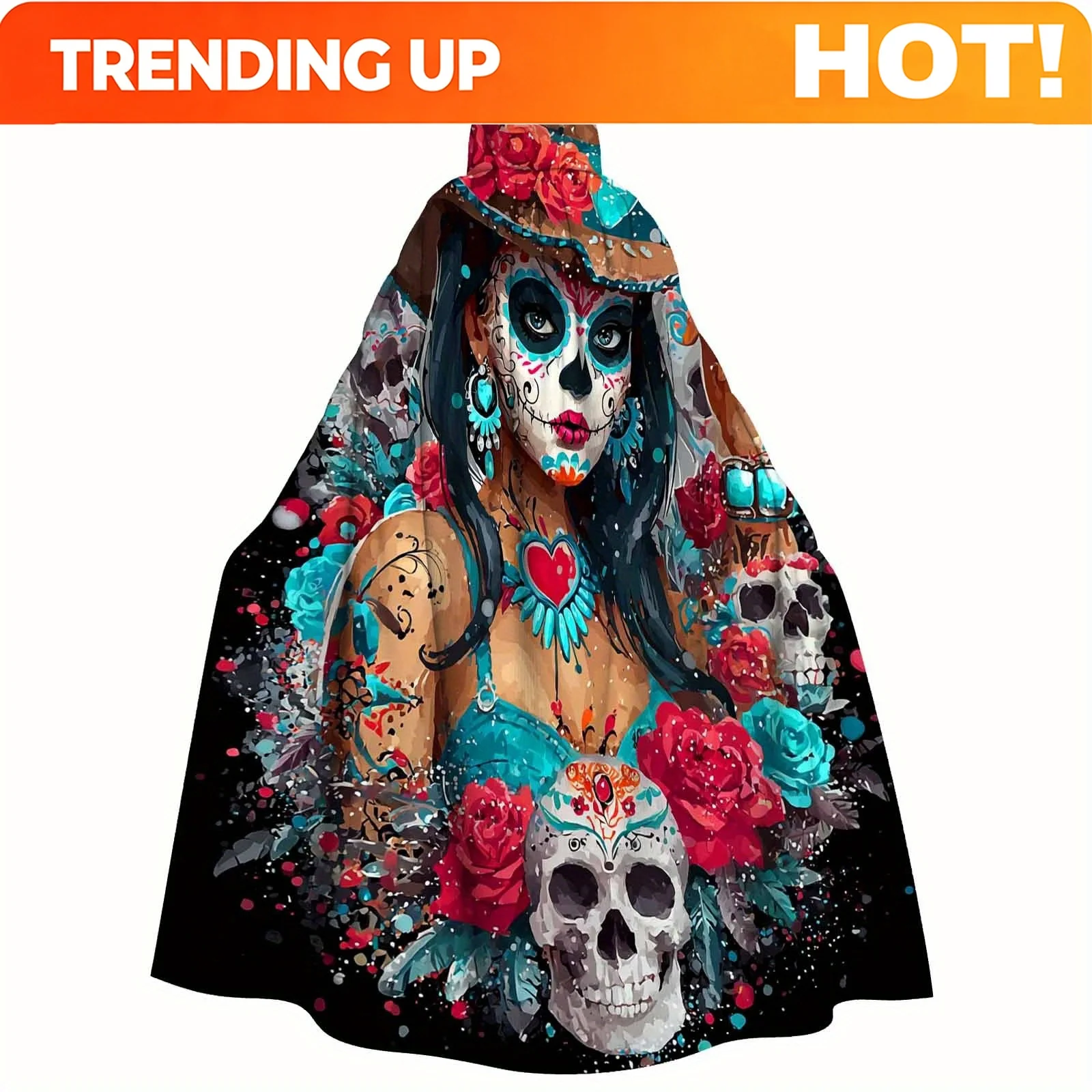 Customization 1pc Day Of The Dead Hooded Robe Traditional Mexican Costume Cloak With Sugar Skull Floral Patterns, Machine Washab