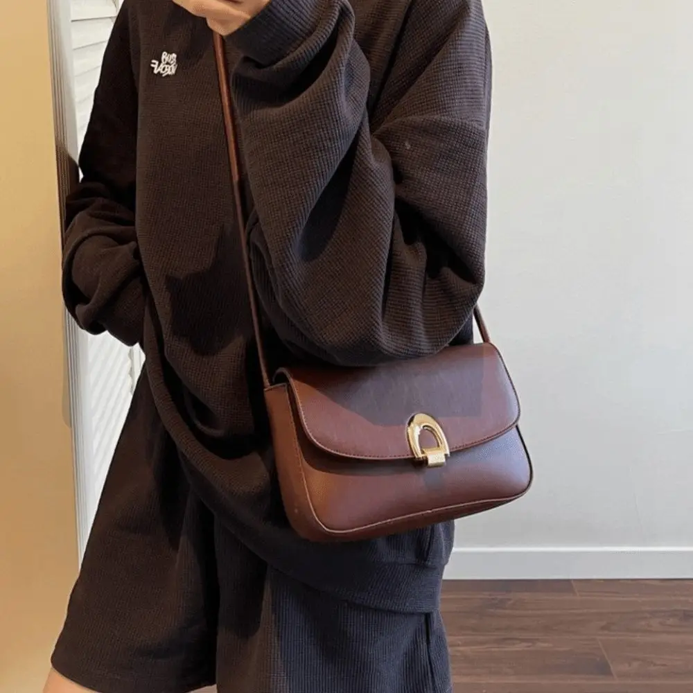 

Korean Vintage Buckle Shoulder Bag Leisure Solid Color Women's Armpit Bag Cuasal Adjustable PU Leather Handbag Female