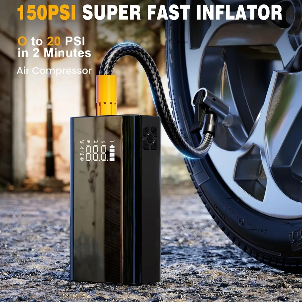 Jump Starter مع ضاغط هواء، بطارية سيارة محمولة 4000 أمبير (9.0 لتر غاز/7.0 لتر ديزل)، منفاخ إطارات 150 رطل لكل بوصة مربعة 12 فولت