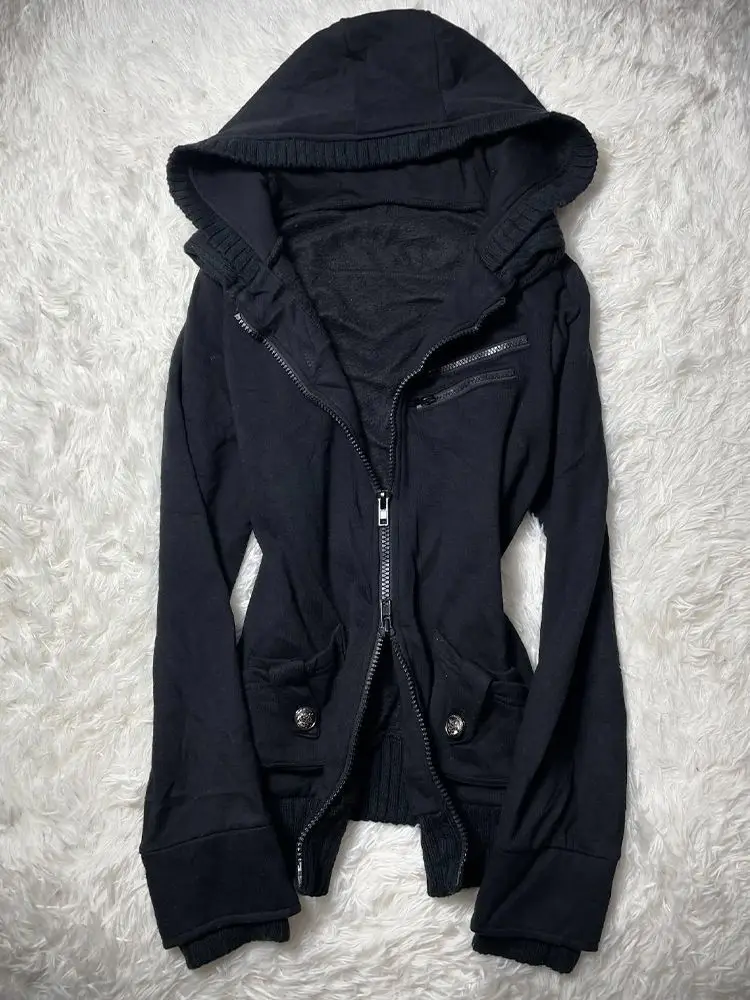 Korean Vintage Workwear Zip Up Hooded Jacket Women Multiple Zipper Pockets Button Ribbed Trim Slim Coat Y2K Alt Dark Streetwear