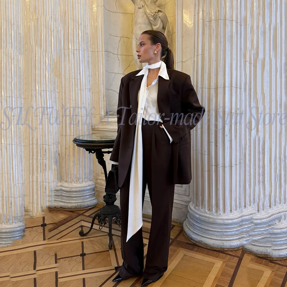 

Luxury Women Vintage Style Dark Brown Tailored Blazer Pants Set Premium Fabric Sophisticated Office Lady Chic Outfit 2 Pieces