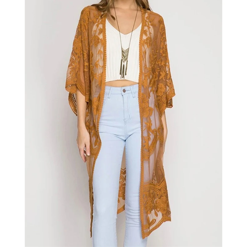 Bikini con bordado de encaje para mujer, cárdigan elegante holgado y fino con protección solar de estilo francés, ropa de playa Sexy para mujer 2025