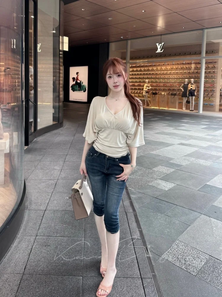 

Korean Style Slim Fit Jeans High Waist Bootcut Pleated Seven Inch Pants Versatile Slimming Summer Ladies High Elasticity