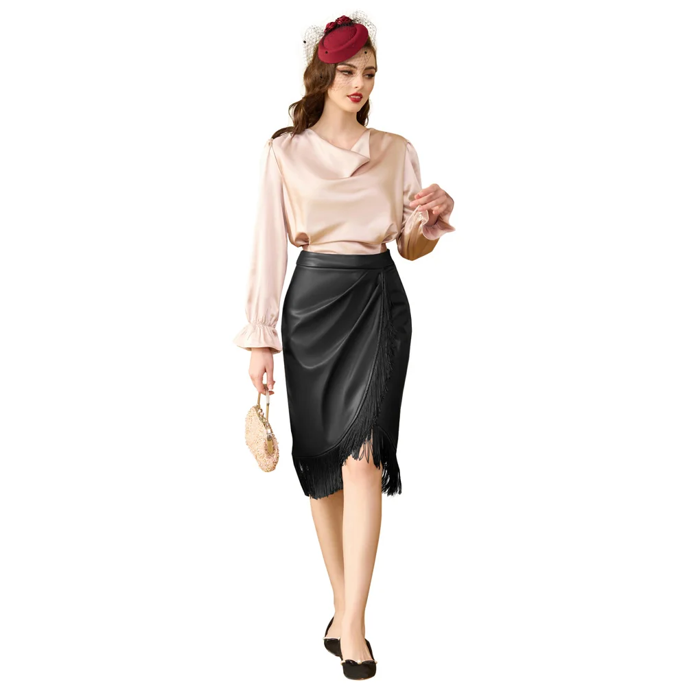 BP Women's Wrap Hem PU Leather Skirt High Waist Tassel Decoration Bodycon Skirt Slit Knee Length Workwear Pencil Skirt