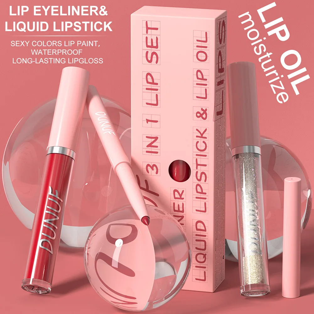 DUNUF 3 in 1 doe lips matte waterproof long-lasting non-flaking non-stick cup lip liner + lip gloss + lip oil