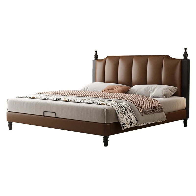 

American retro leather air pressure double bed solid wood first layer cowhide