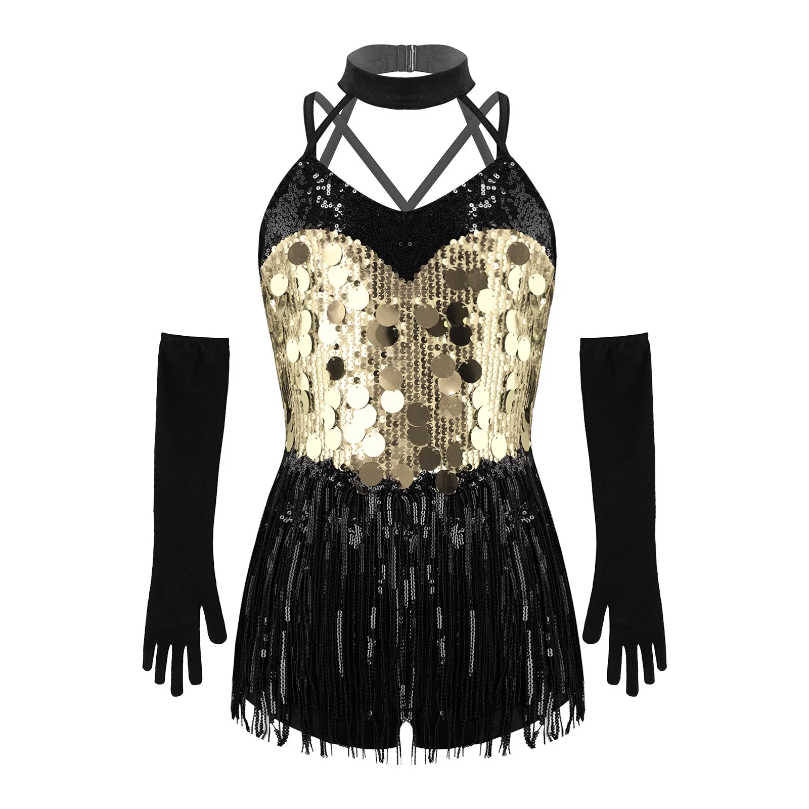 

Sparkling Sequins Fringed Latin Samba Jazz Dance Dress for Kids Girls Halter Sleeveless Strappy Tassels Dress with Gloves Set