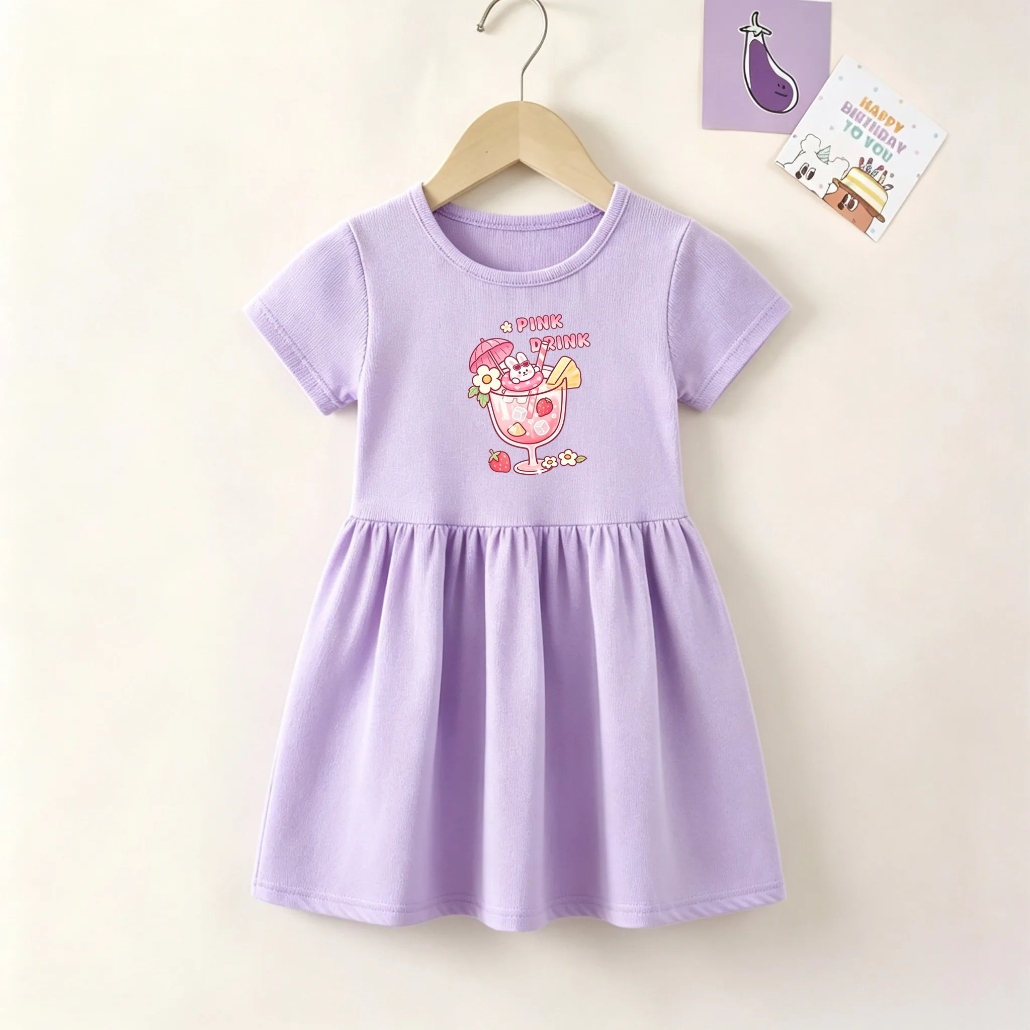 Girls Cotton Summer Dress Short Sleeve Cute Cartoon Fruit Drink Print Fashion Daily Wear A-line Pleated Dress For 3-10Y