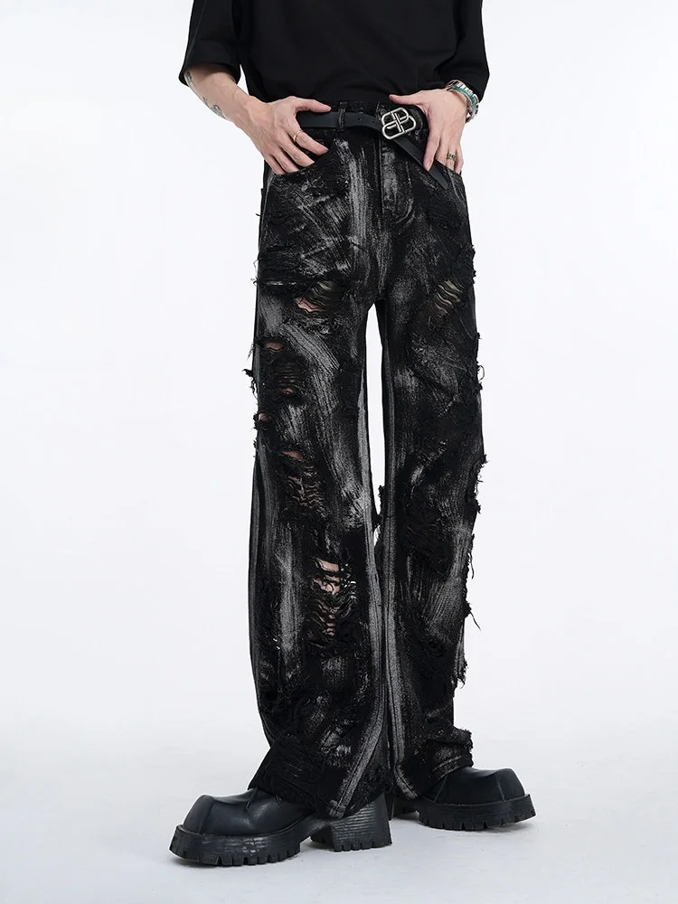 

Black Destroyed American High Street Style Heavy Wash Graffiti Men's Straight Leg Long Pants Casual Wear Durable Cotton Blend