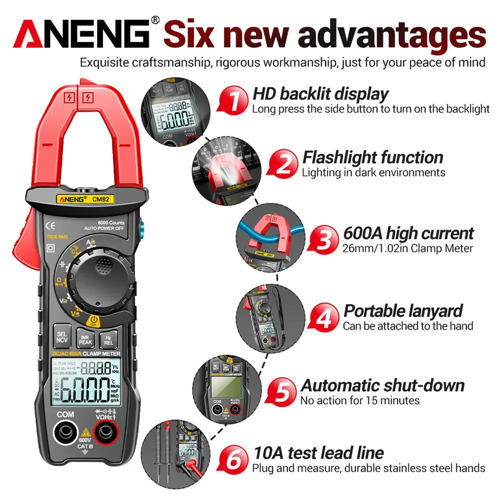 ANENG CM82 Digital Clamp Meter Multimeter AC Ammeter Voltage Hz Capacitance NCV Ohm Diode Test Digital Profesional Tester Tools