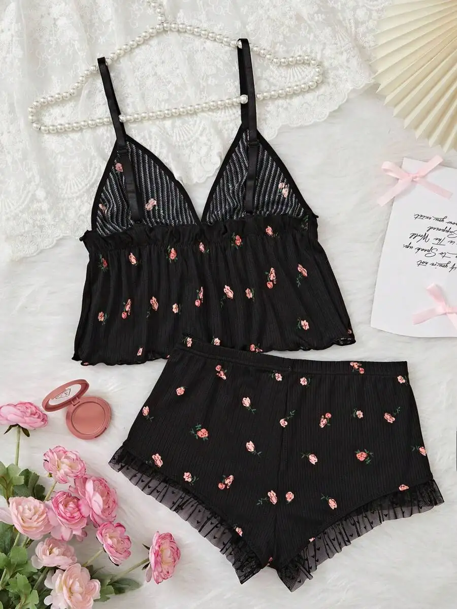 Floral Printed Frilled Cami Top And Shorts Pajama Set For Women