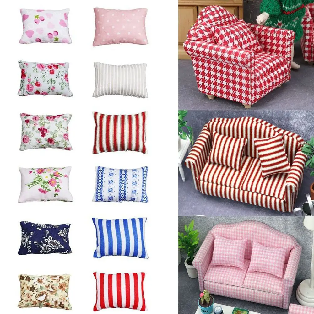 

1:12 Flower Pillow Miniature Simulated Cotton Sofa Cushion Couch Plaid Pillow Micro Model ob11 Dollhouse Accessories 4.5*3.5cm