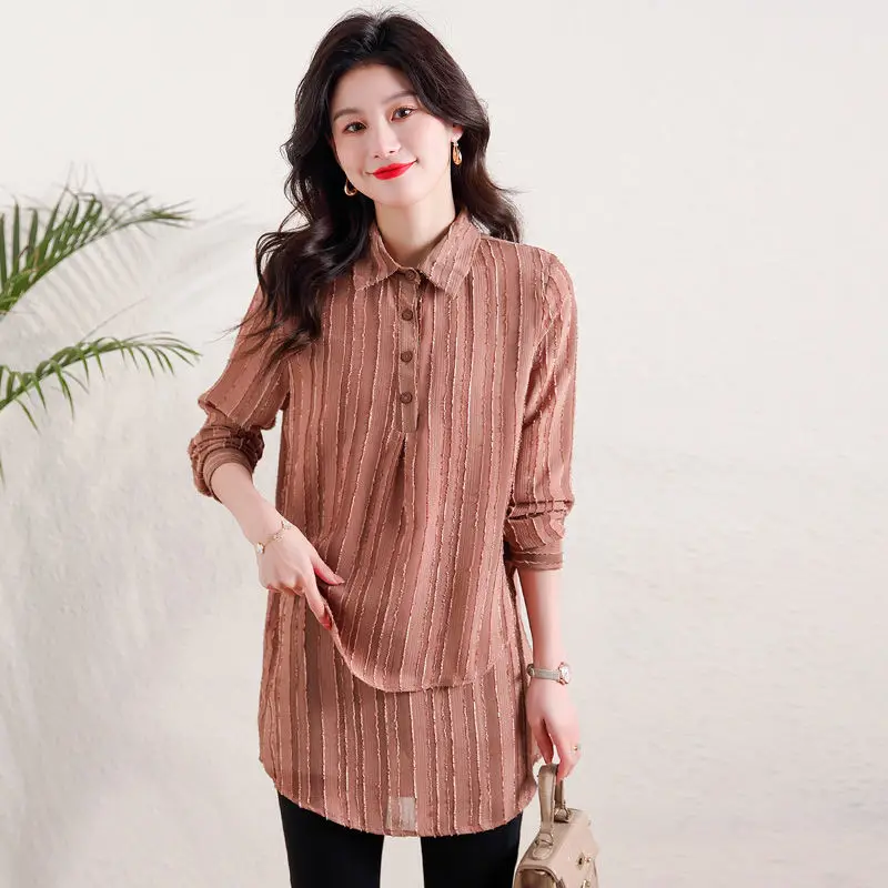 

Весенне-осенняя новая мода, свободный стильный топ средней длины, жаккардовая рубашка с длинными рукавами для женщин