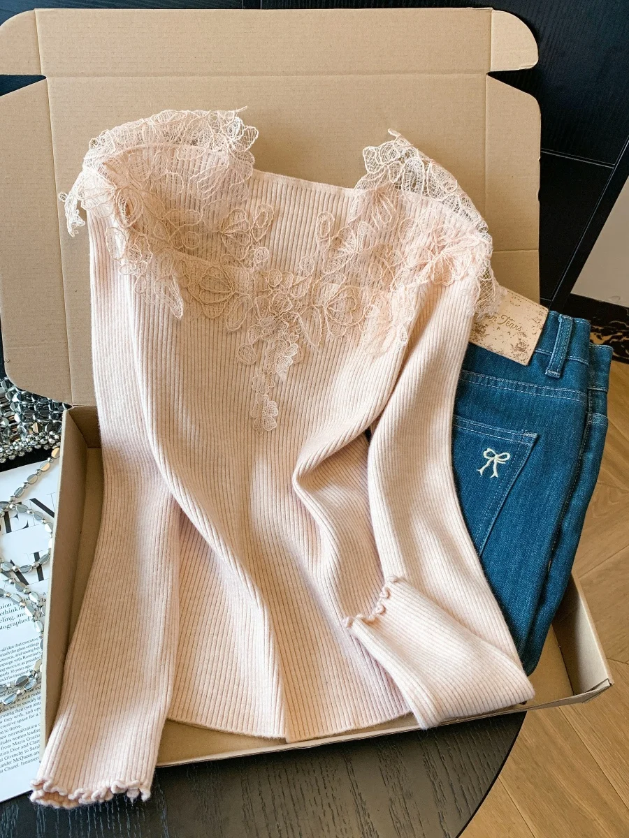 레이스 스플라이스 롱 니트 스웨터 여성용 겨울 신상 슬레 슈퍼 아름다운 이너웨어 스퀘어 칼라 베이스 셔츠